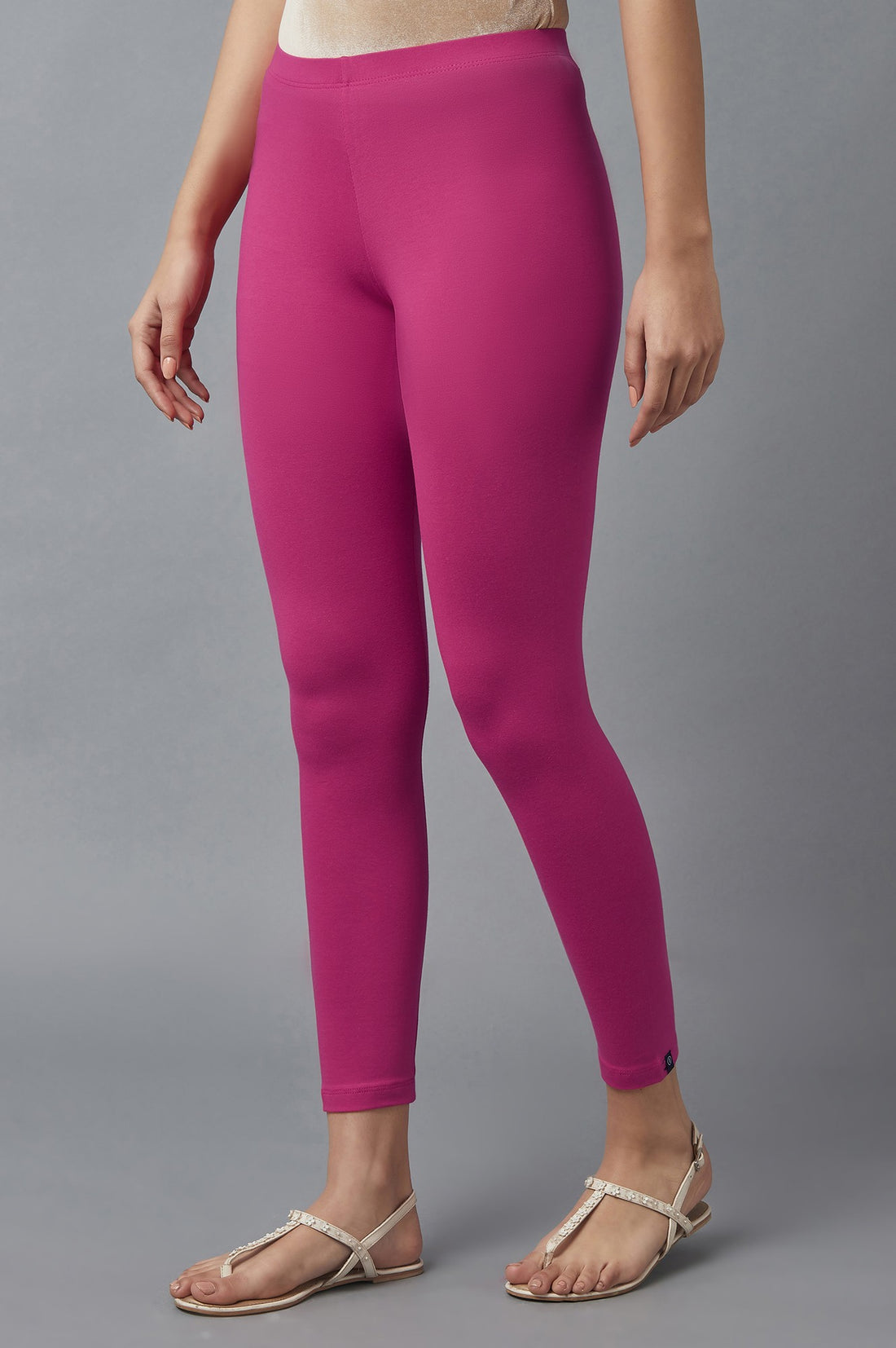 Pink Solid Skinny Cotton Tights With Elasticated Waist