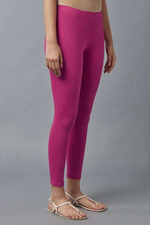 Pink Solid Skinny Cotton Tights With Elasticated Waist