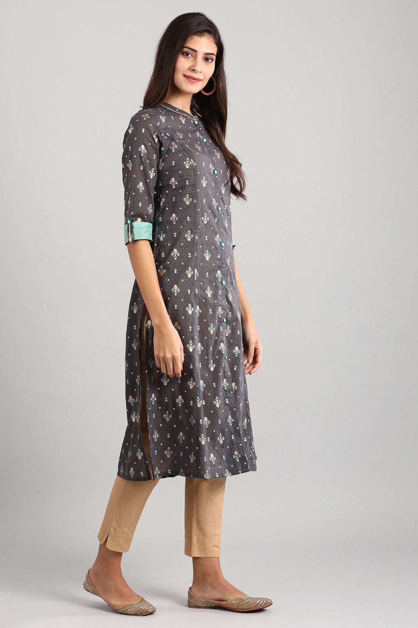 Grey Band Collar kurta