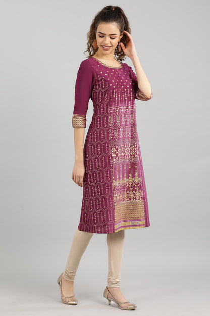 Wine Geometric Print Straight kurta in Round neck