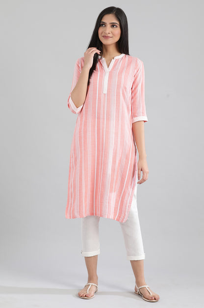 Peach-coloured Yarn-Dyed Mandarin kurta