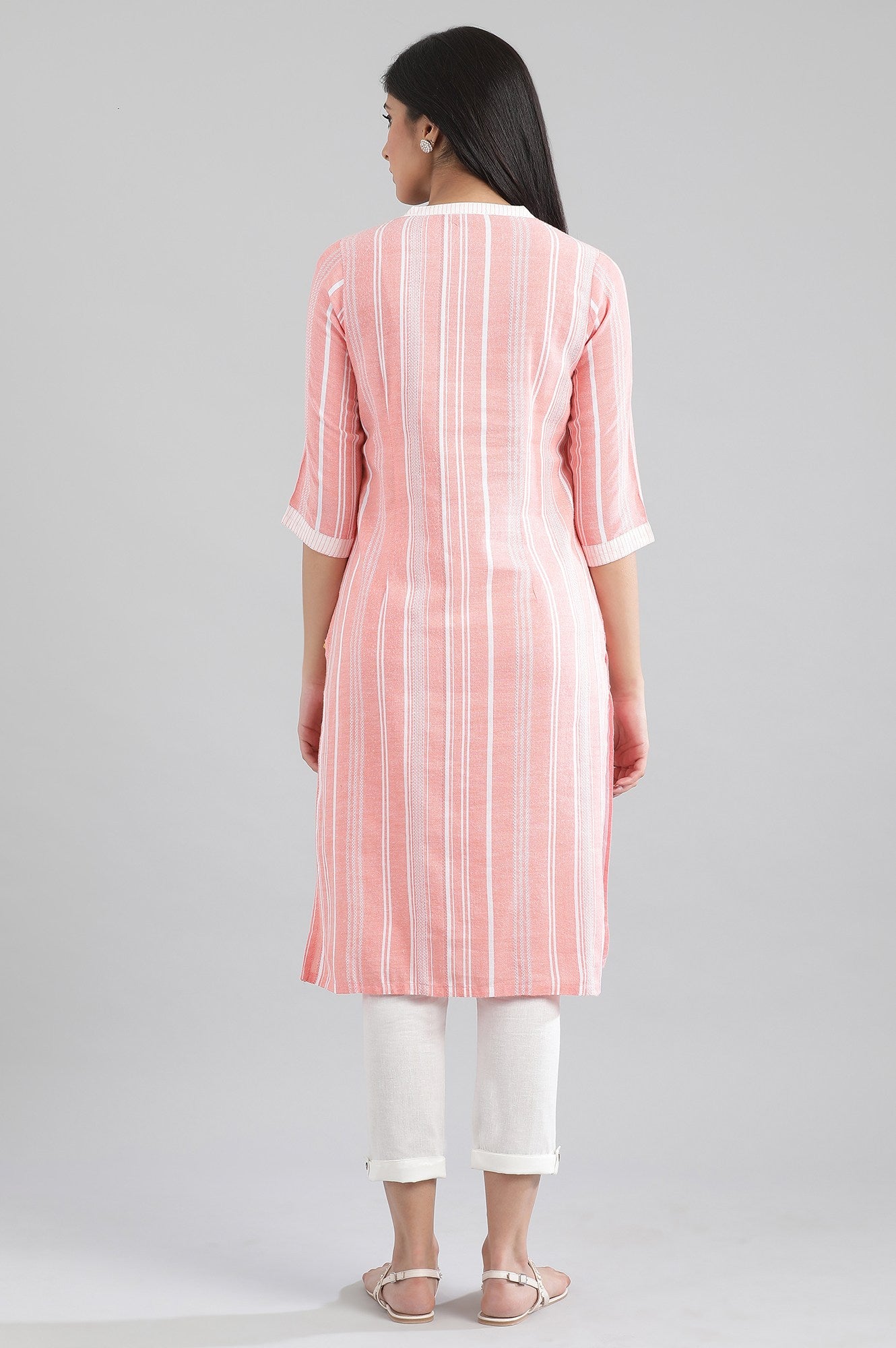 Peach-coloured Yarn-Dyed Mandarin kurta