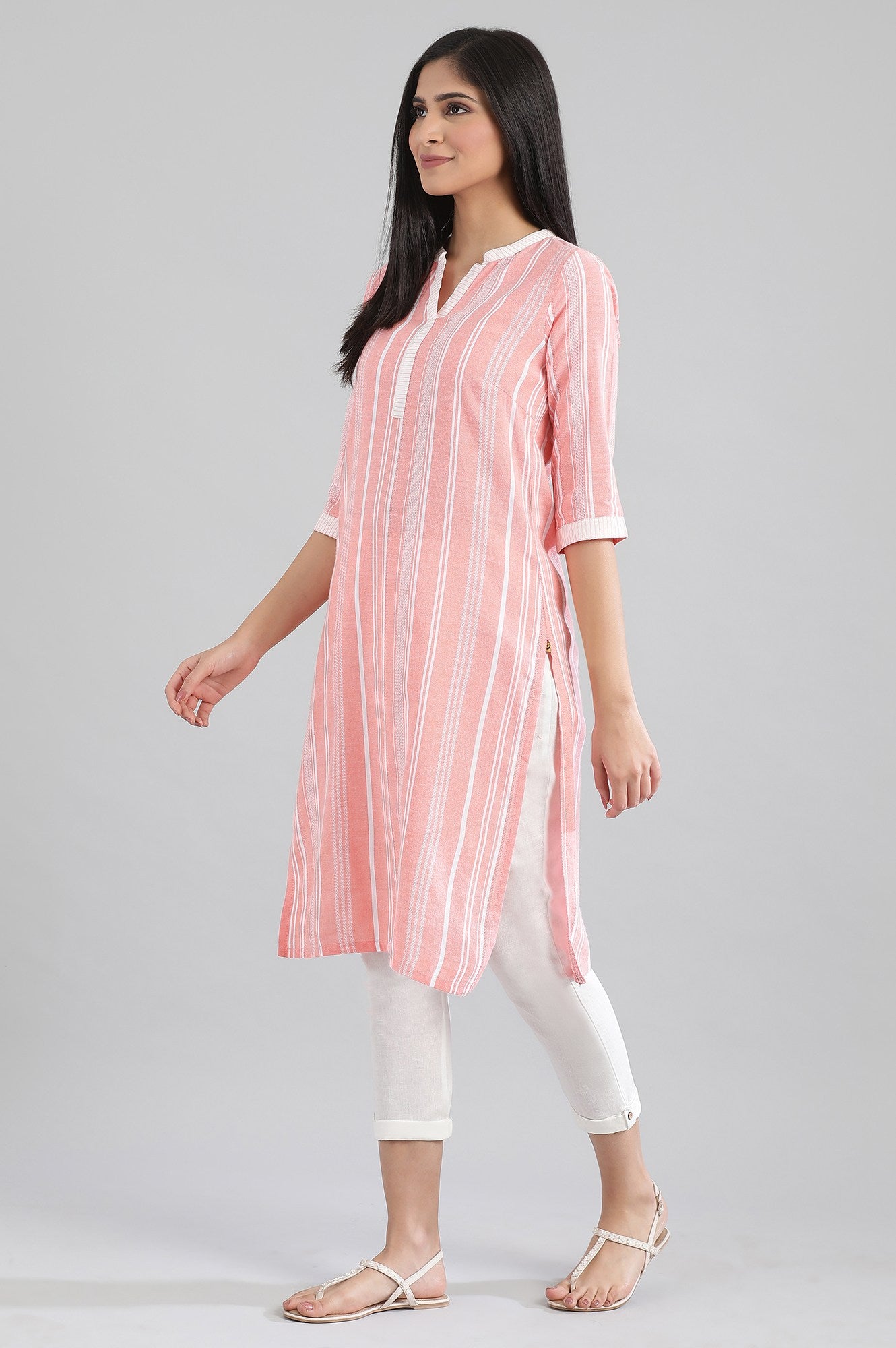 Peach-coloured Yarn-Dyed Mandarin kurta