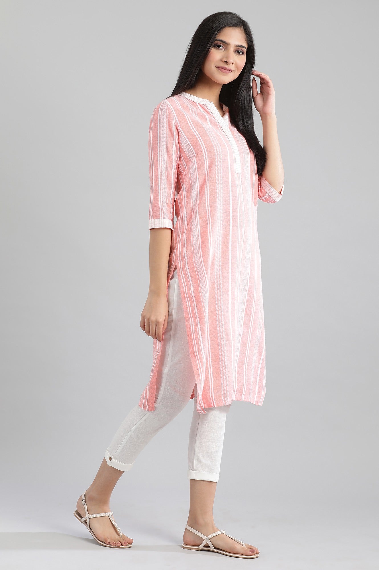 Peach-coloured Yarn-Dyed Mandarin kurta