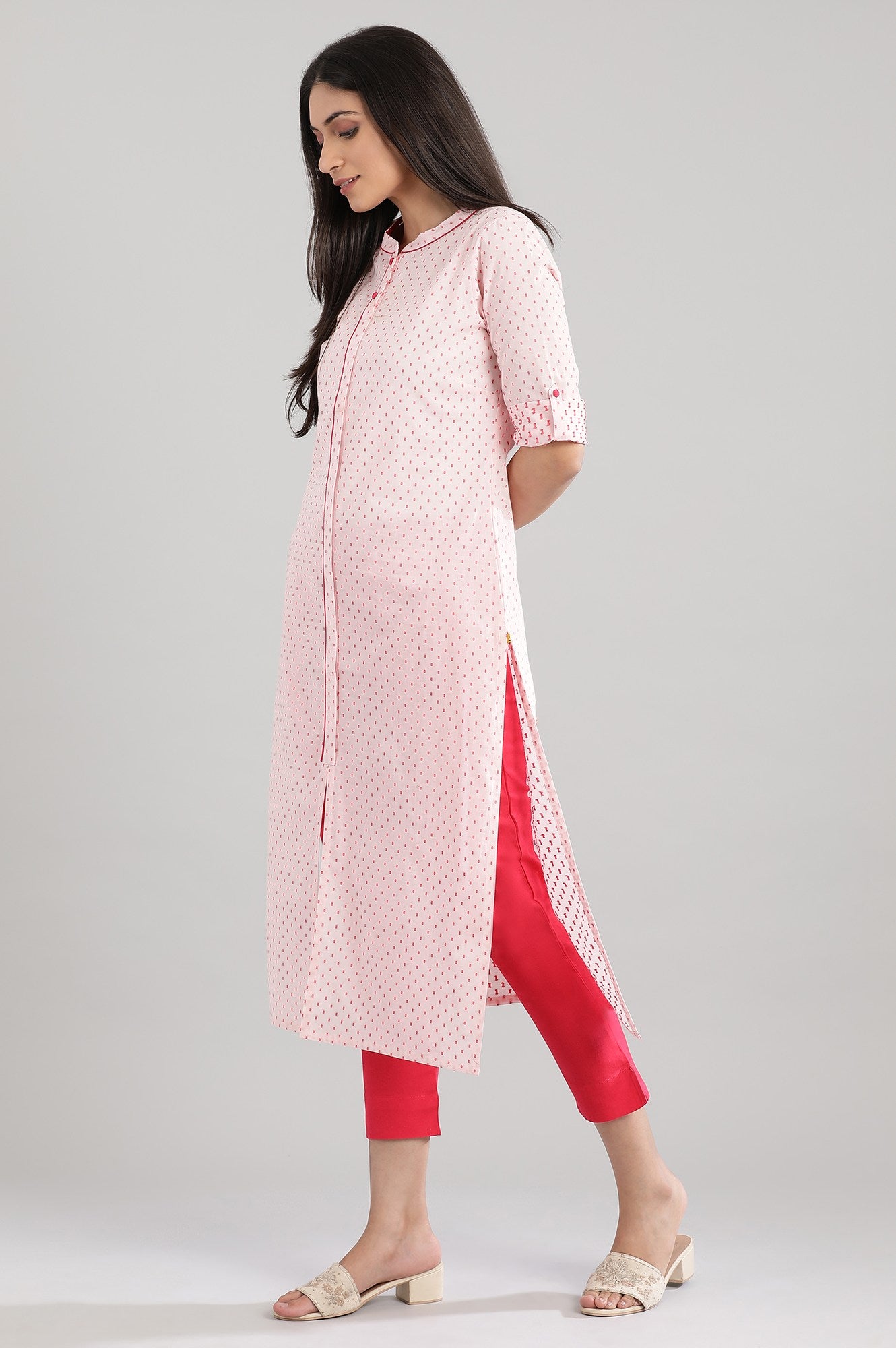 Pink Yarn-Dyed Mandarin kurta