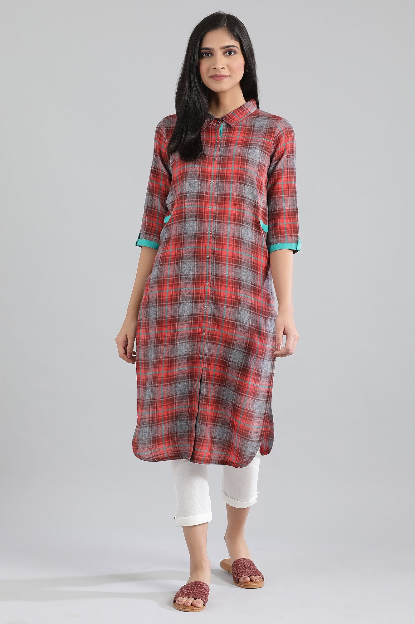 Orange Collar Neck Checked kurta