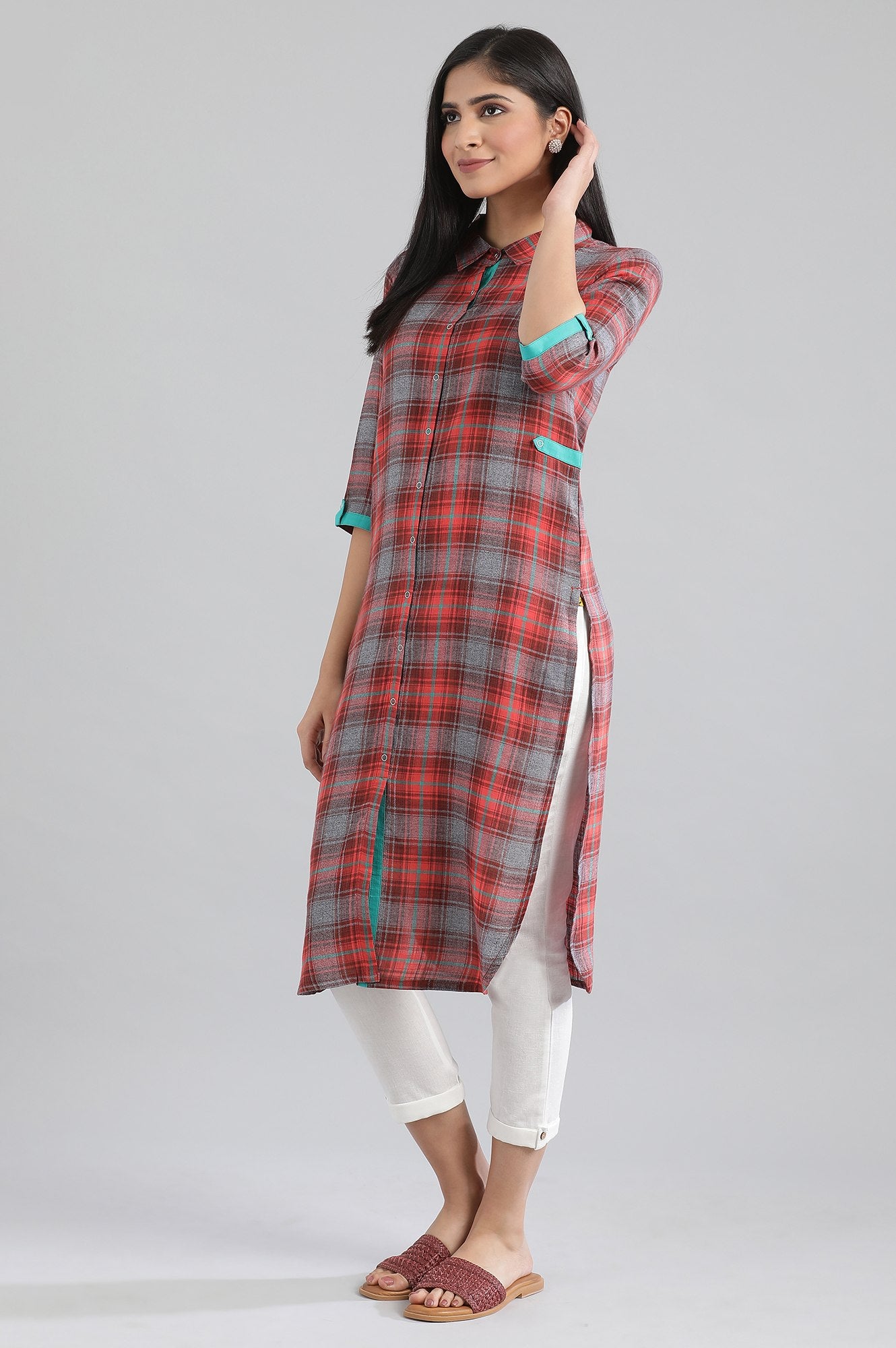 Orange Collar Neck Checked kurta