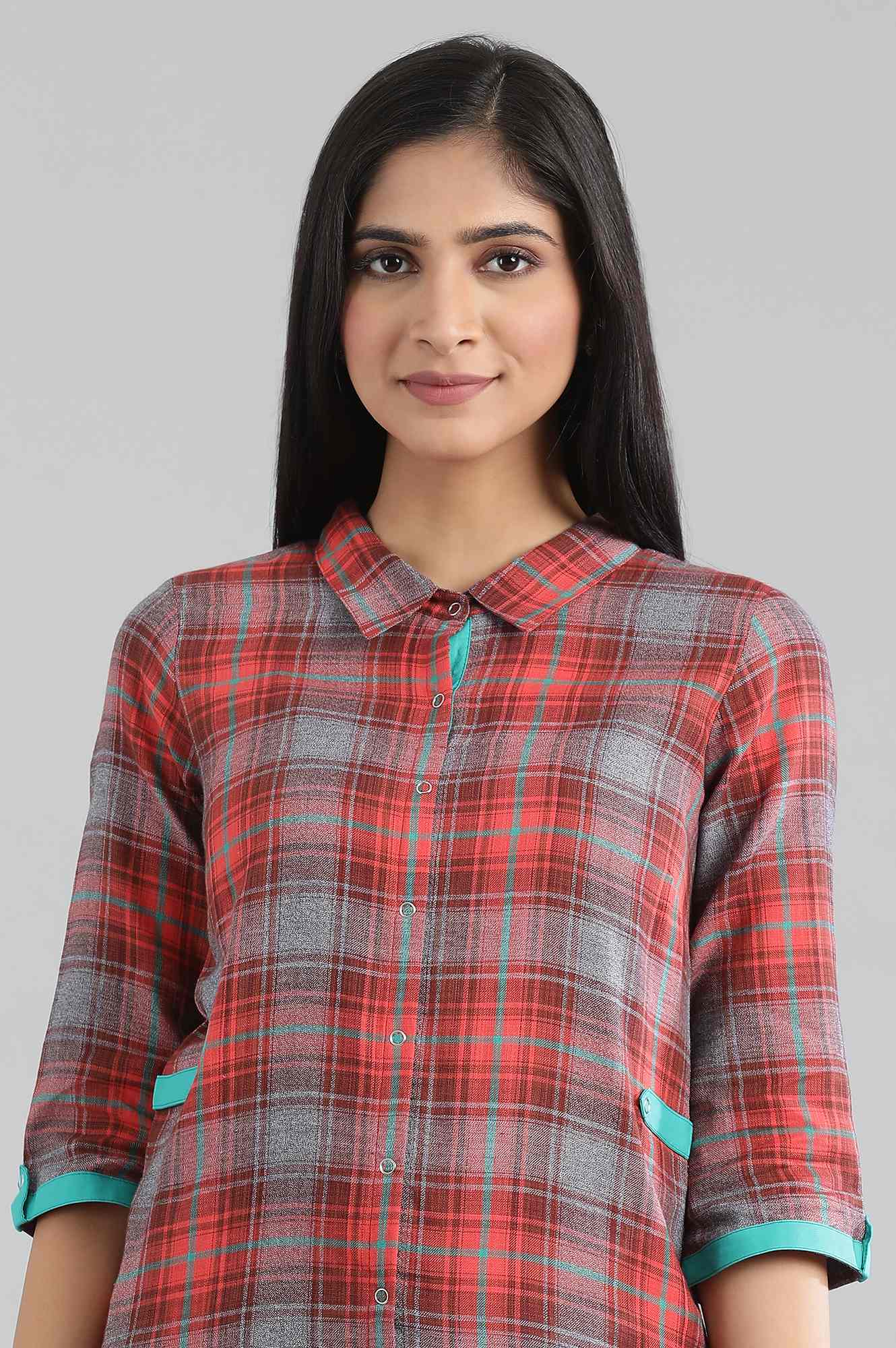 Orange Collar Neck Checked kurta