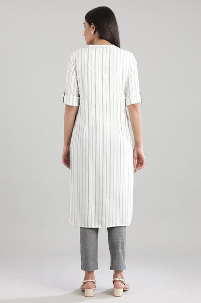 White Mandarin Neck Yarn-Dyed kurta