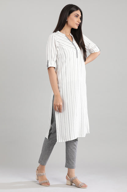 White Mandarin Neck Yarn-Dyed kurta