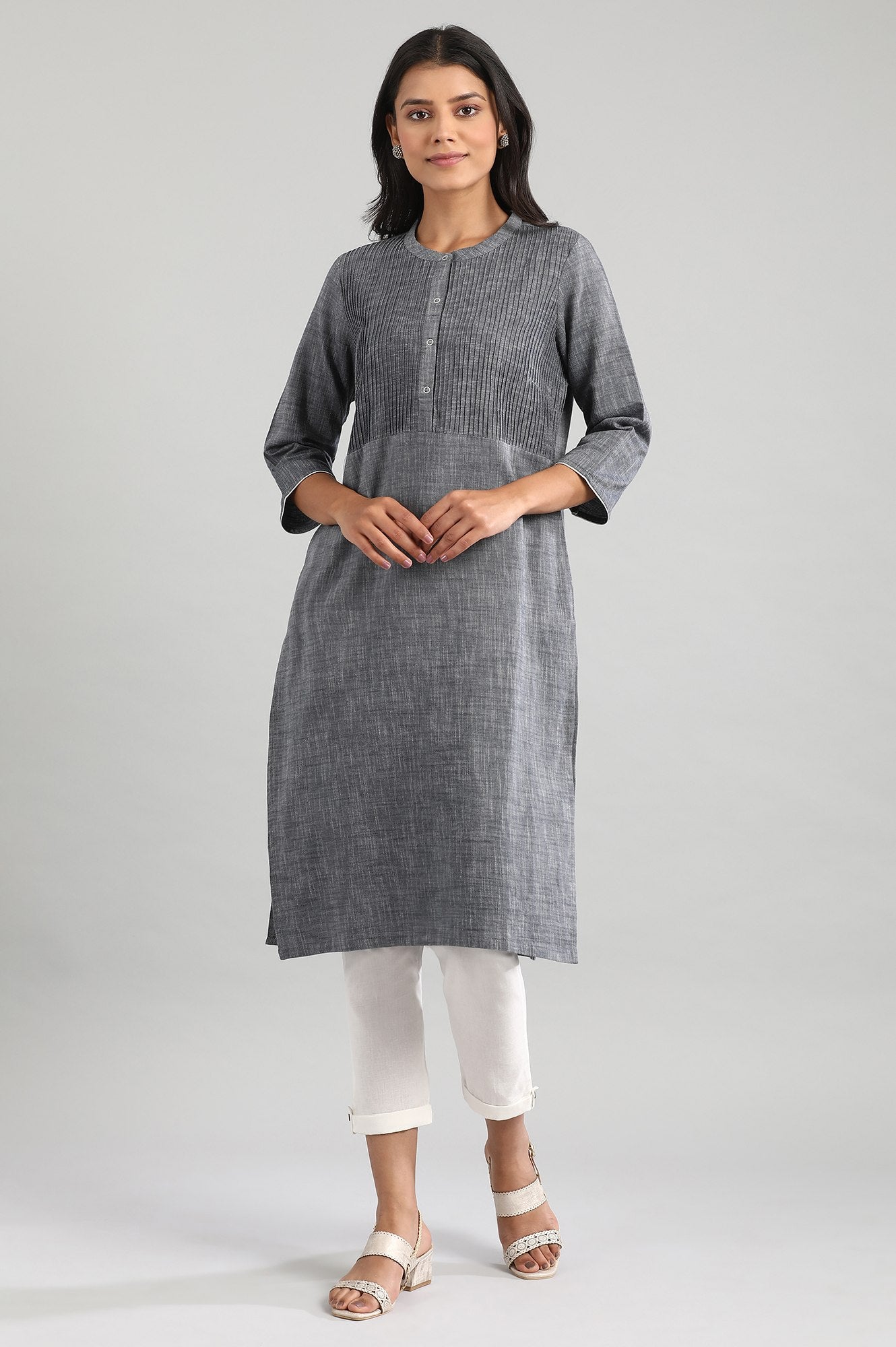 Grey Mandarin Neck Yarn-Dyed kurta