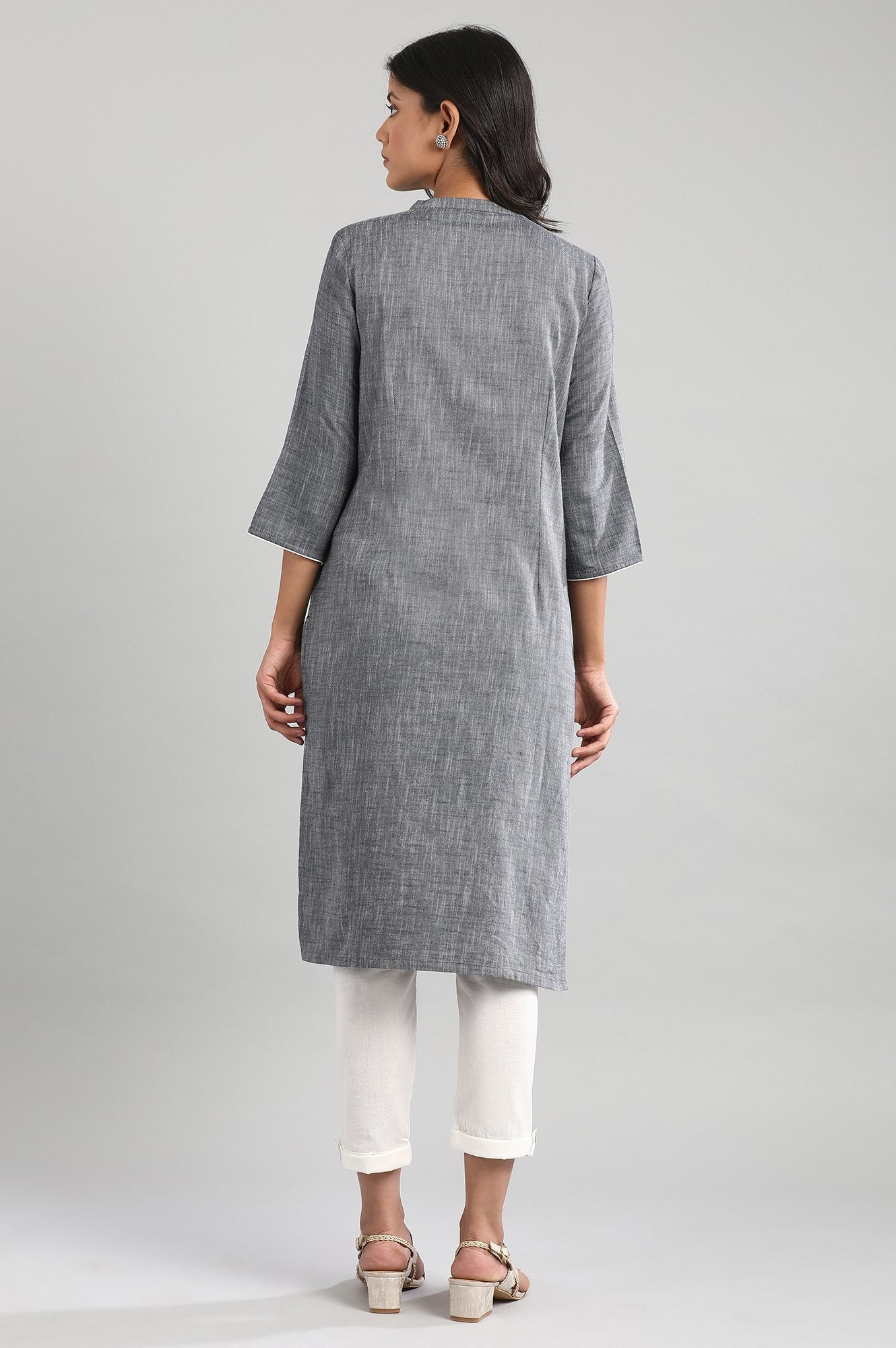 Grey Mandarin Neck Yarn-Dyed kurta