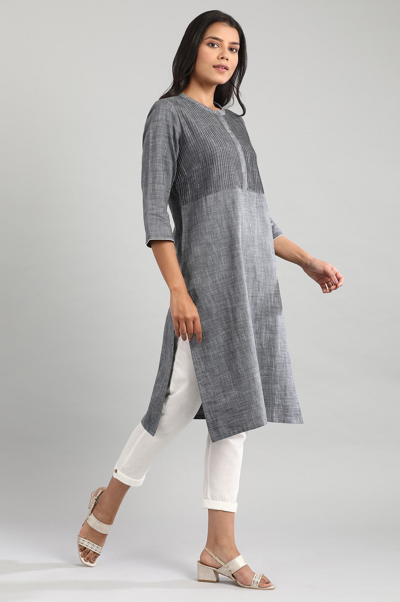 Grey Mandarin Neck Yarn-Dyed kurta