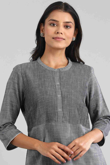 Grey Mandarin Neck Yarn-Dyed kurta