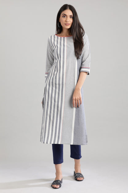 Blue Boat Neck Yarn-Dyed kurta