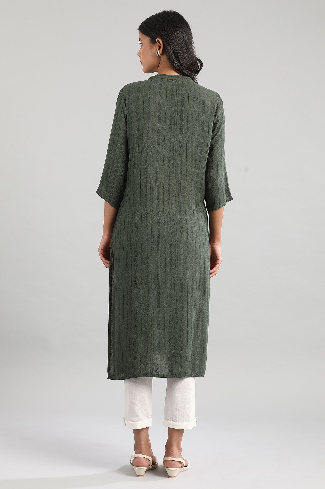 Green Mandarin Neck Yarn-Dyed kurta