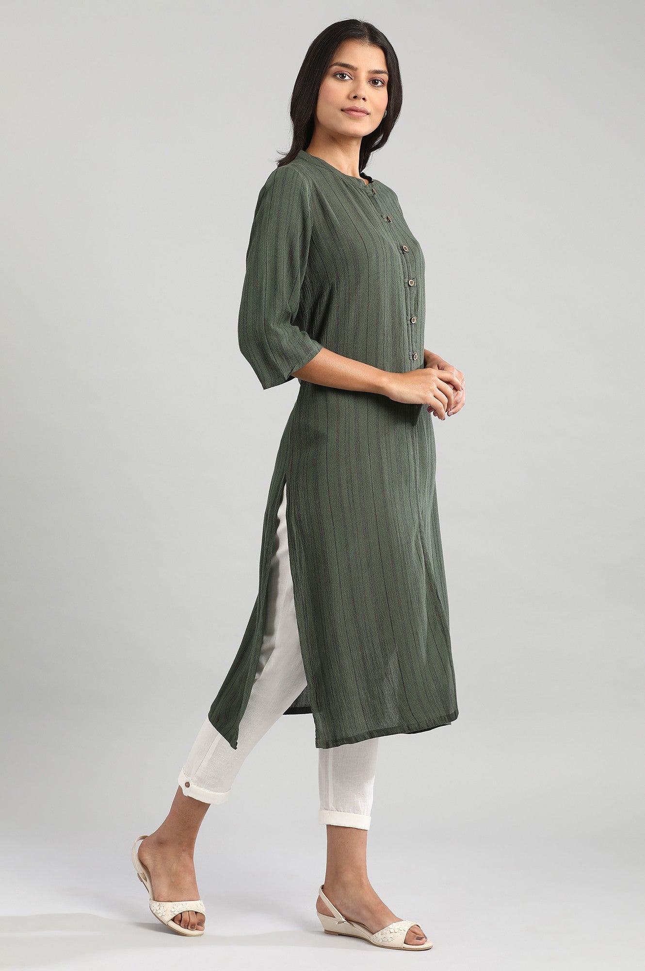 Green Mandarin Neck Yarn-Dyed kurta