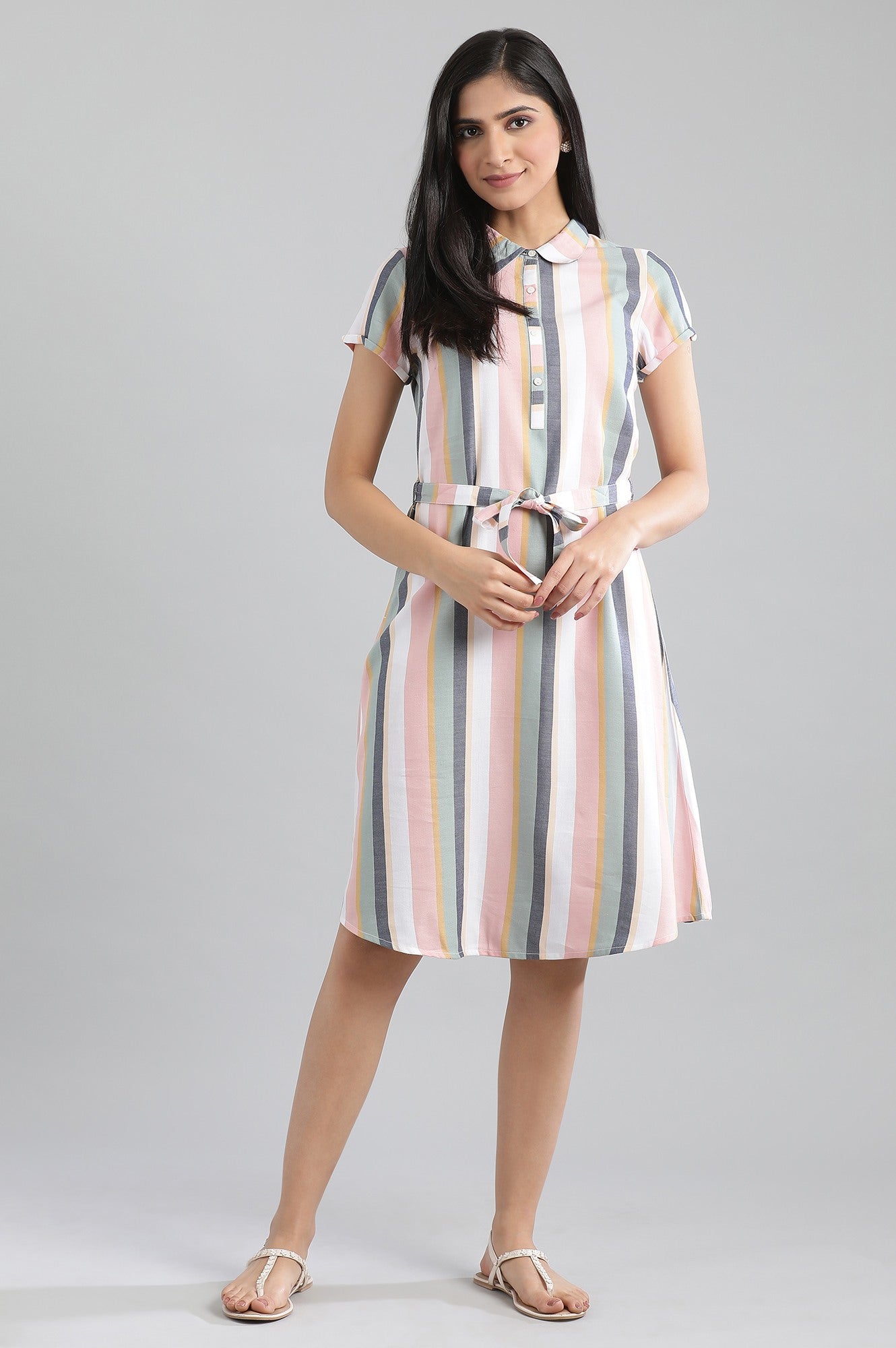 Peach Collar Neck Yarn-Dyed Dress