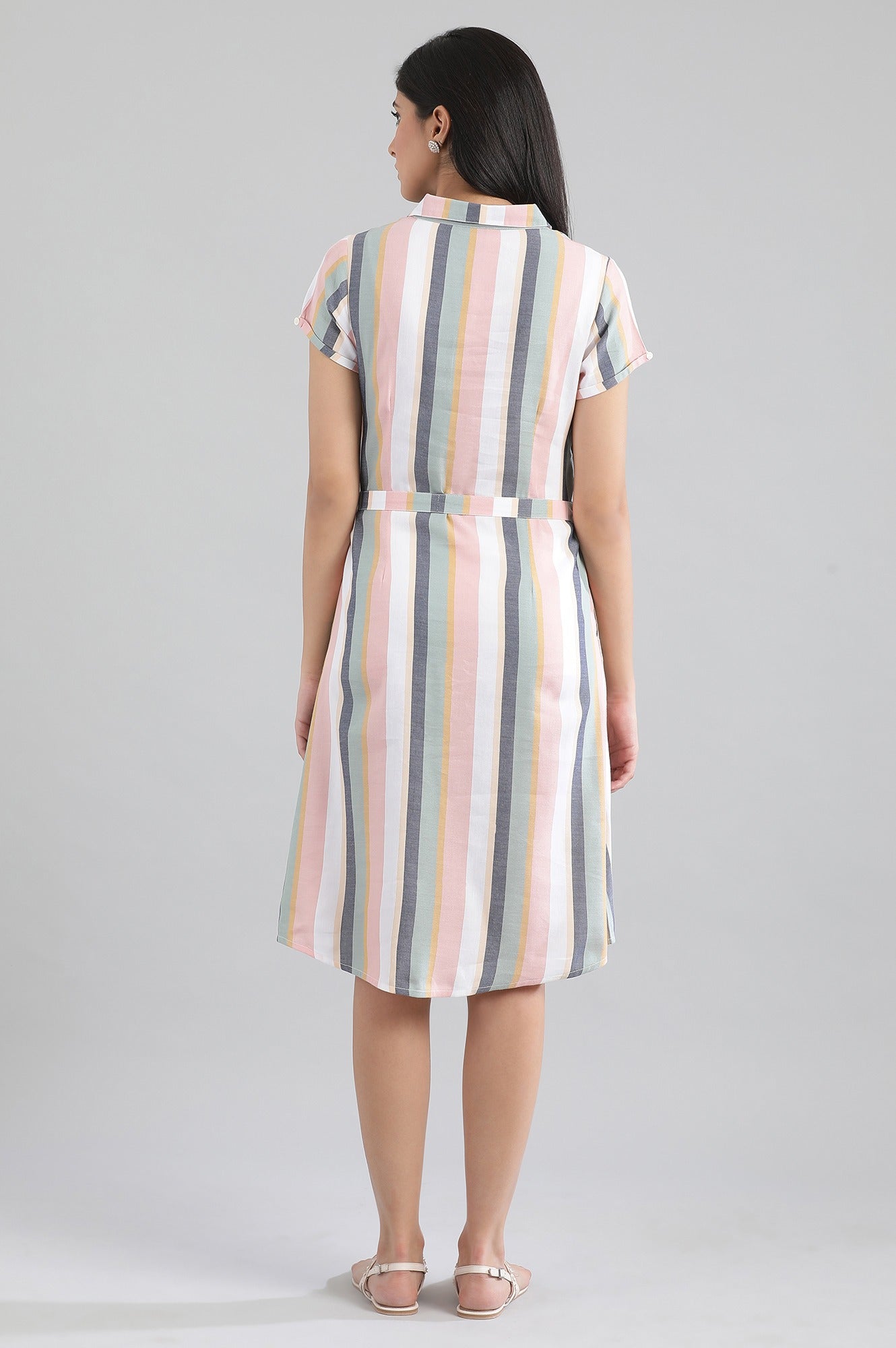 Peach Collar Neck Yarn-Dyed Dress