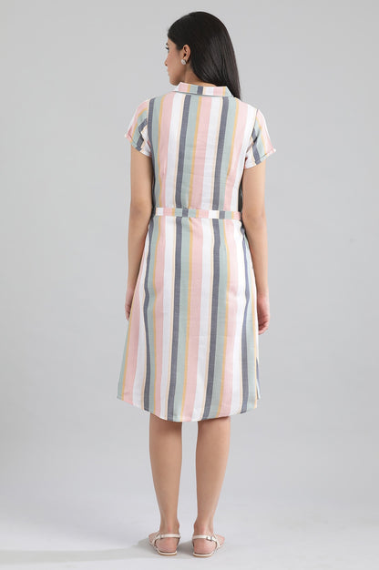 Peach Collar Neck Yarn-Dyed Dress