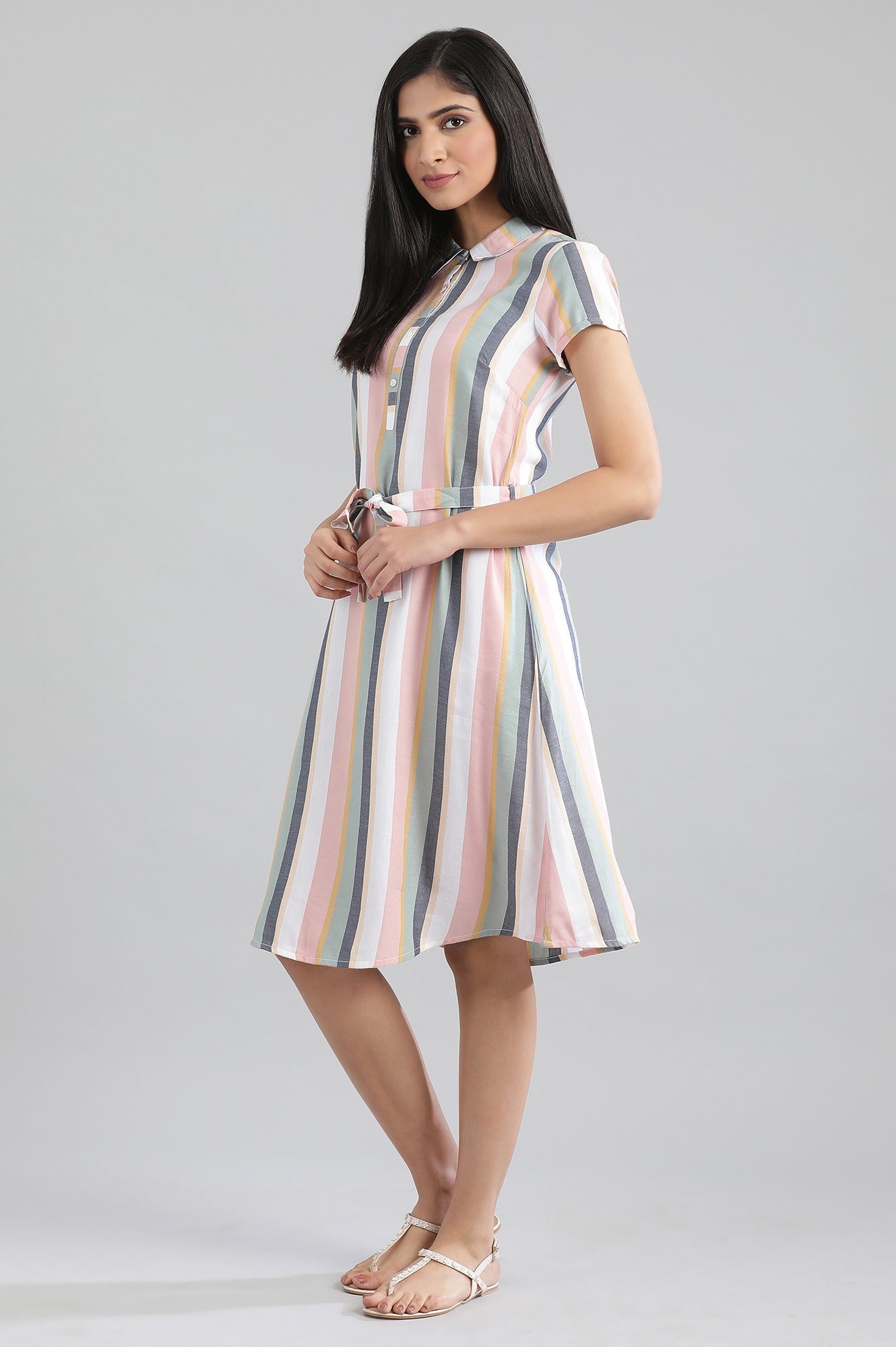 Peach Collar Neck Yarn-Dyed Dress