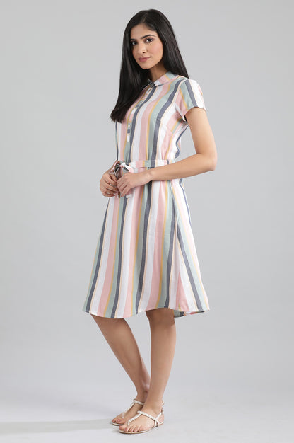 Peach Collar Neck Yarn-Dyed Dress