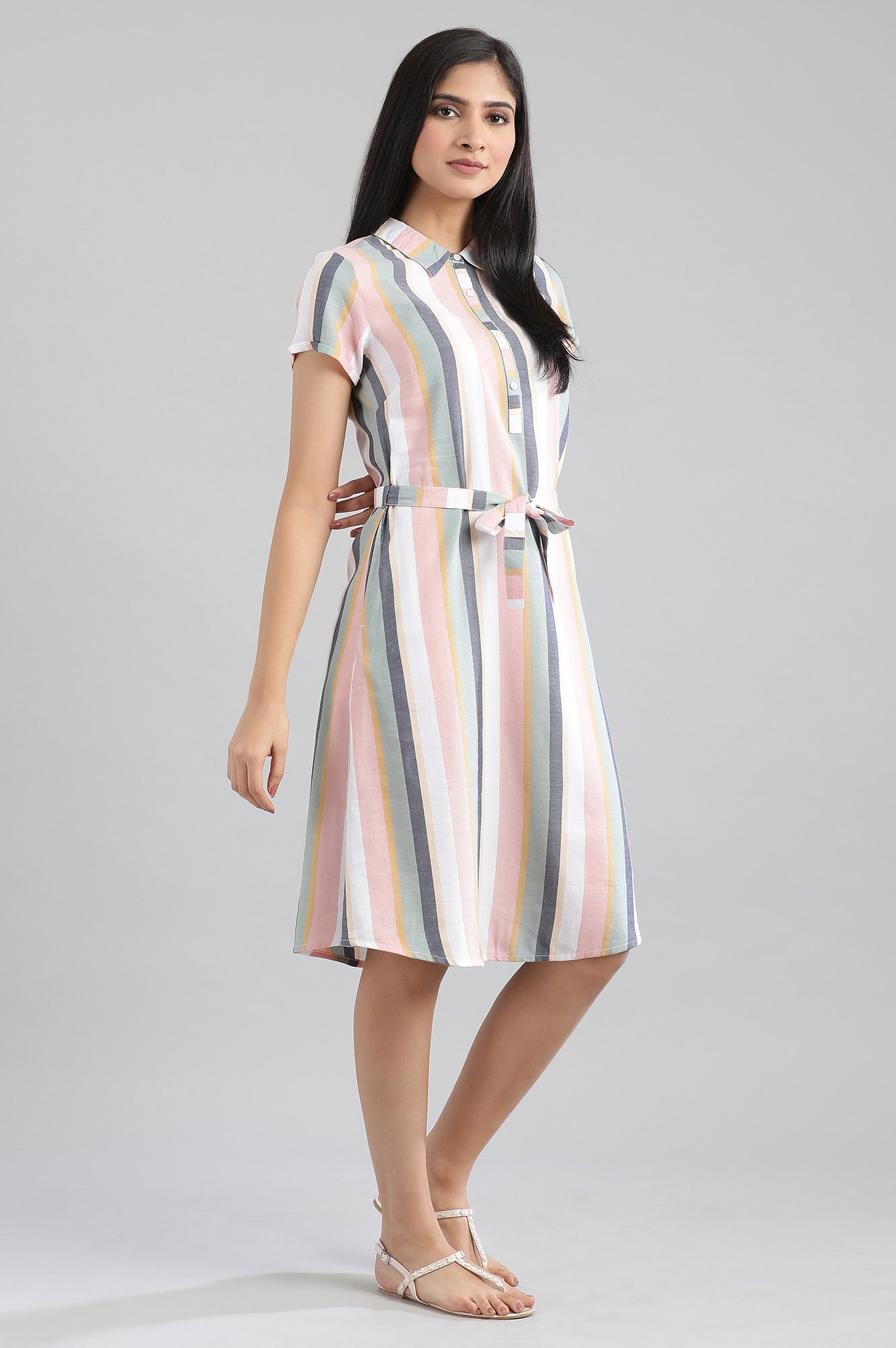 Peach Collar Neck Yarn-Dyed Dress