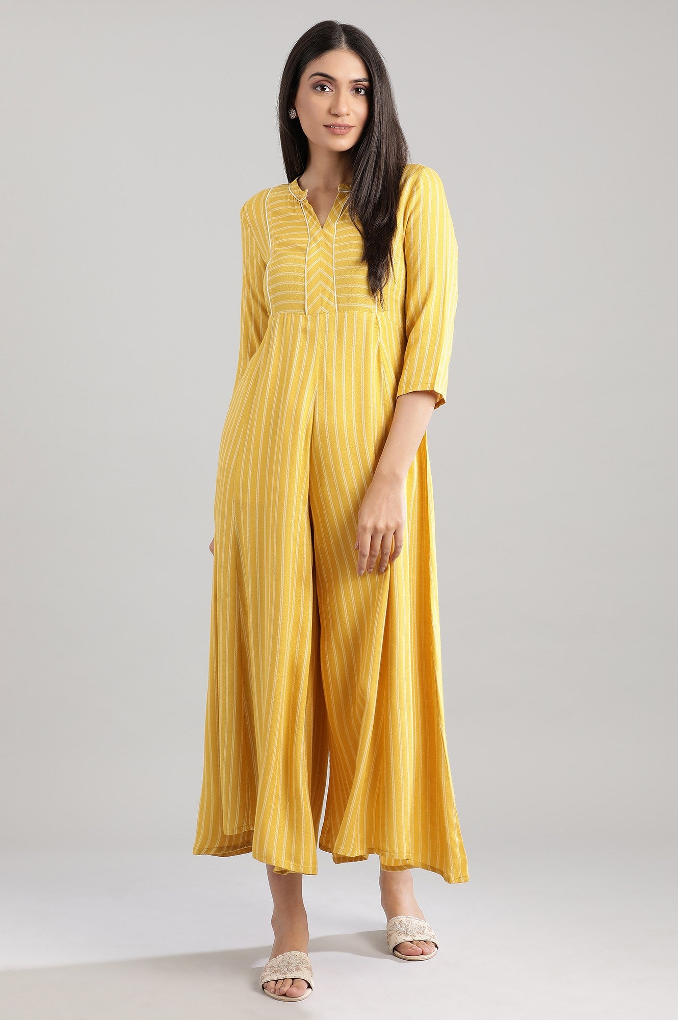 Yellow Mandarin Neck Yarn-Dyed Dress