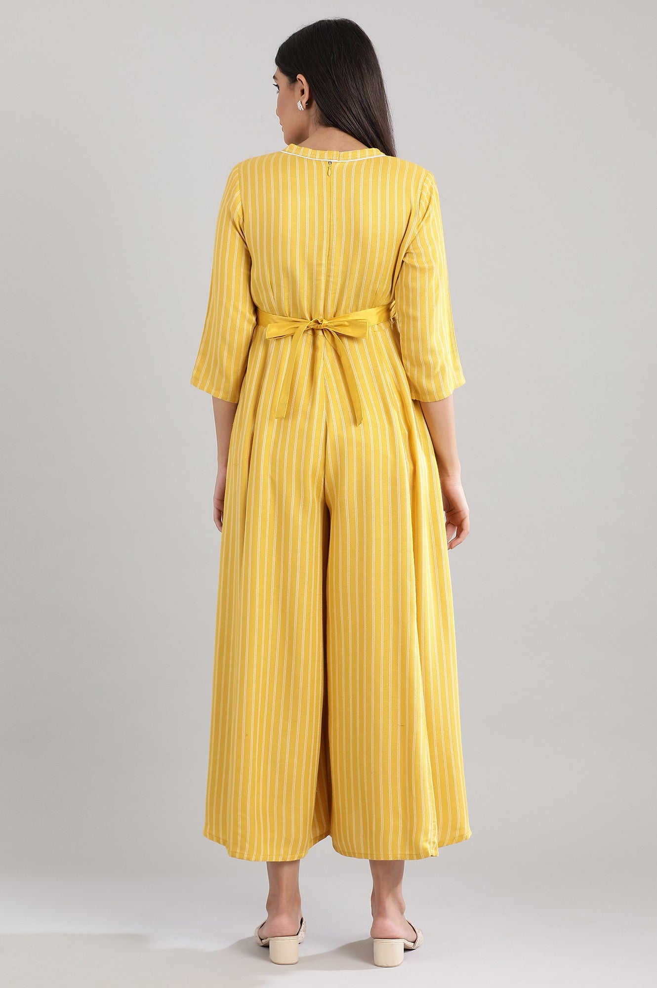 Yellow Mandarin Neck Yarn-Dyed Dress