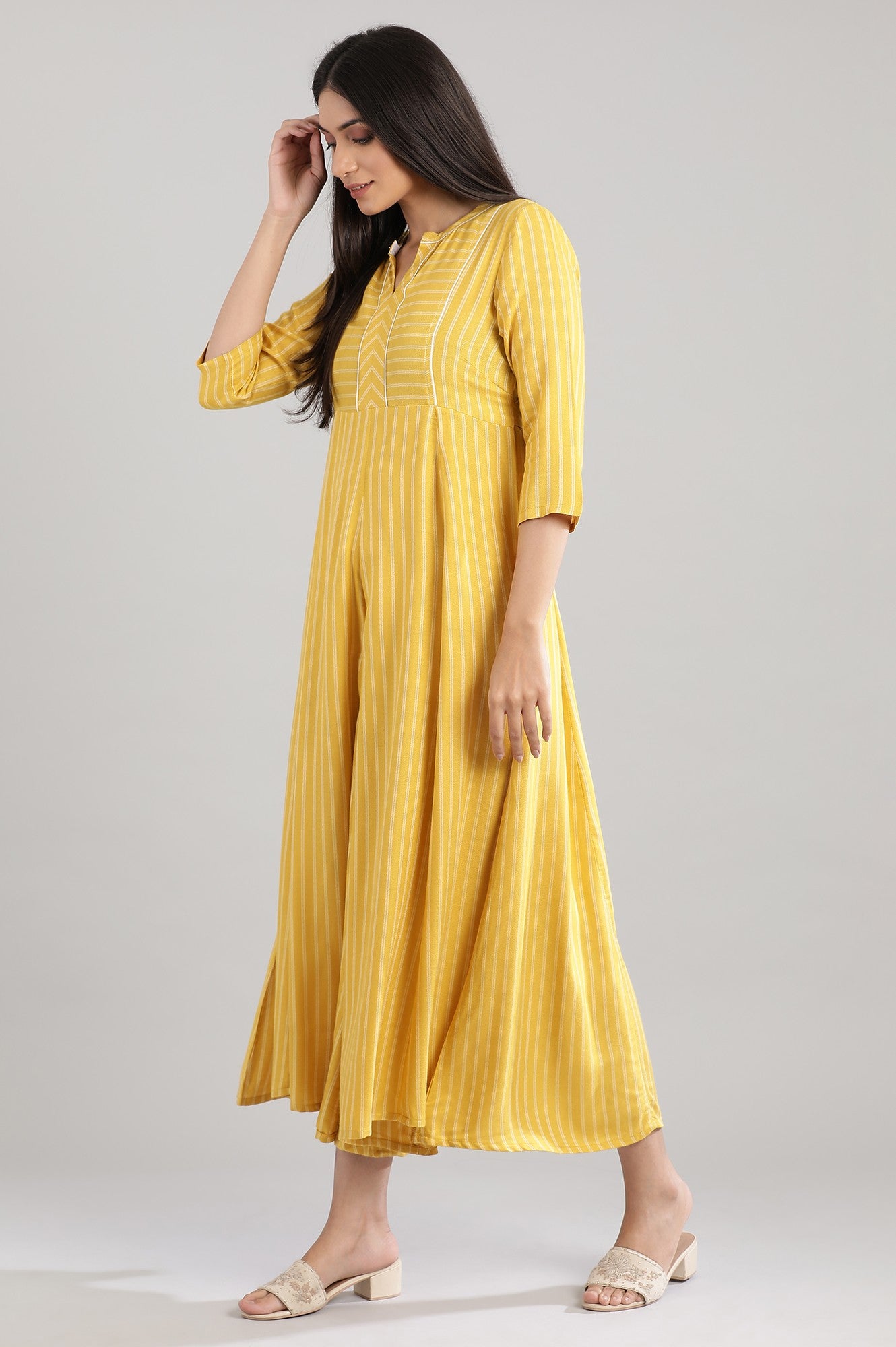 Yellow Mandarin Neck Yarn-Dyed Dress