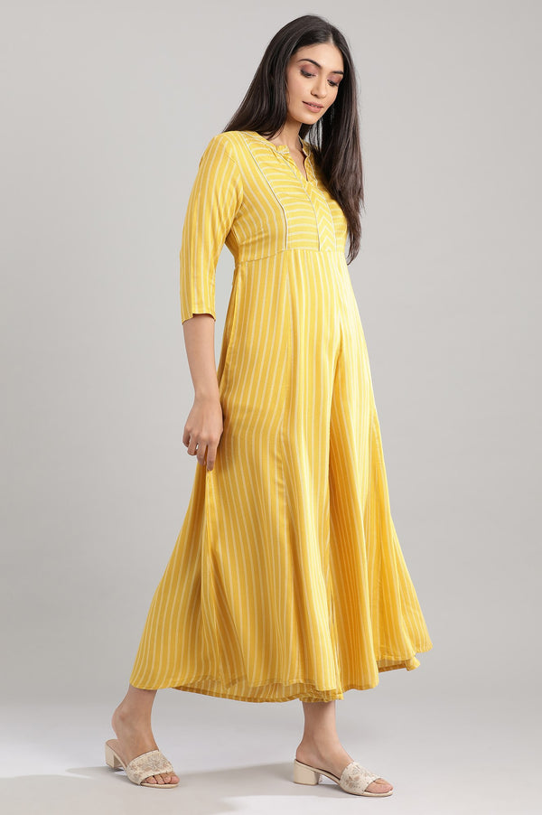 Yellow Mandarin Neck Yarn-Dyed Dress