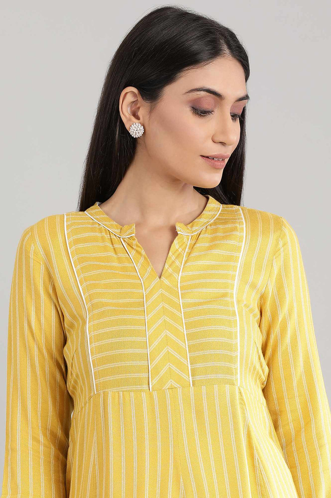 Yellow Mandarin Neck Yarn-Dyed Dress