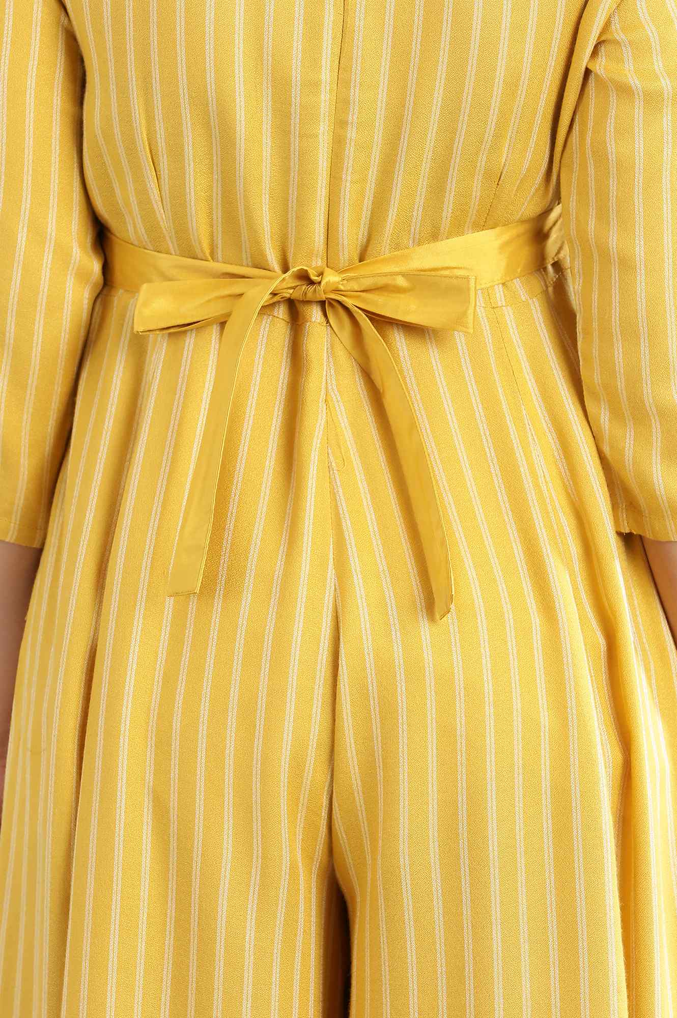 Yellow Mandarin Neck Yarn-Dyed Dress