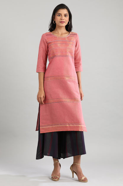 Pink Round Neck Yarn-Dyed kurta