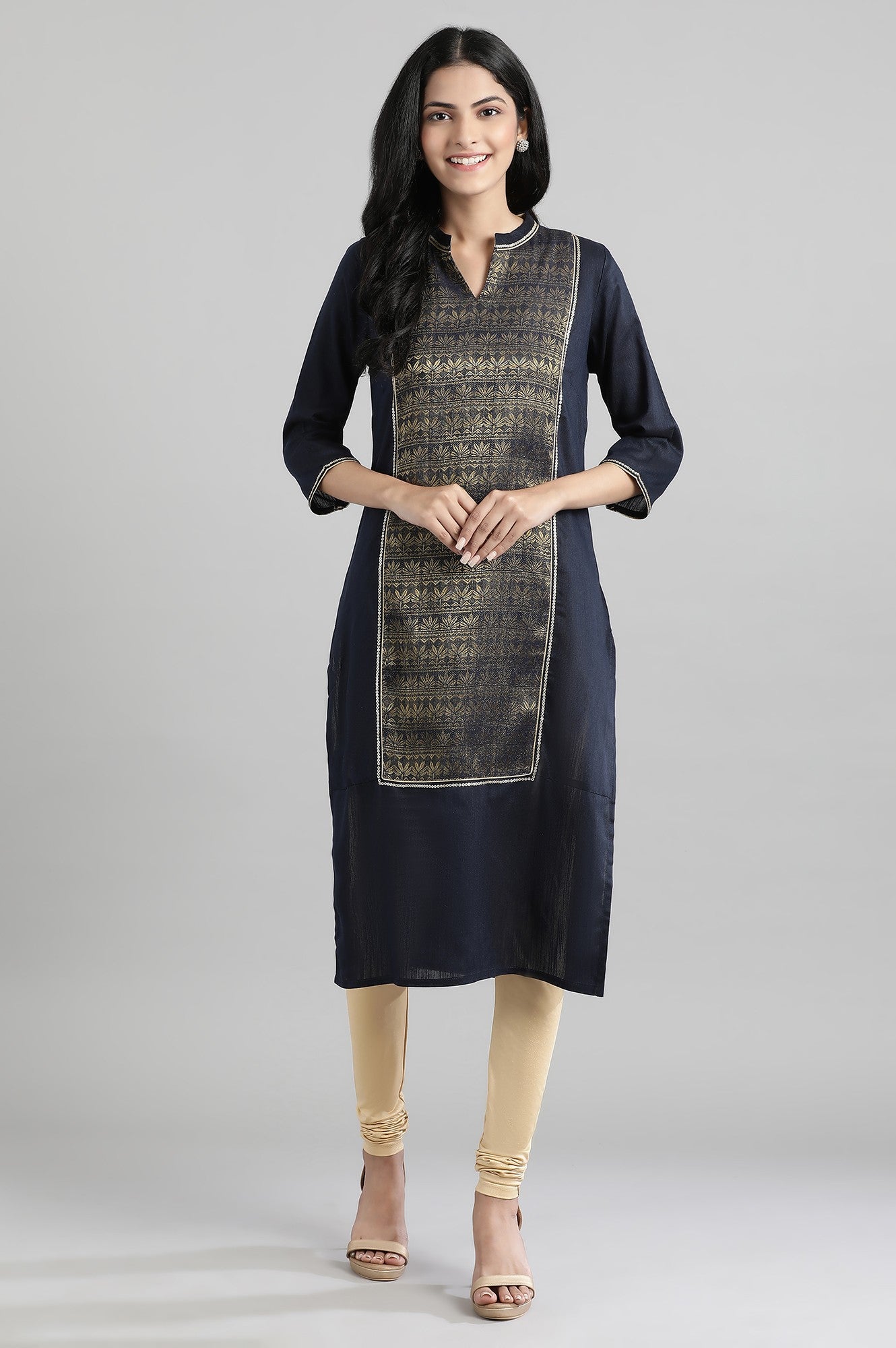 Navy Mandarin Neck Yarn-Dyed kurta