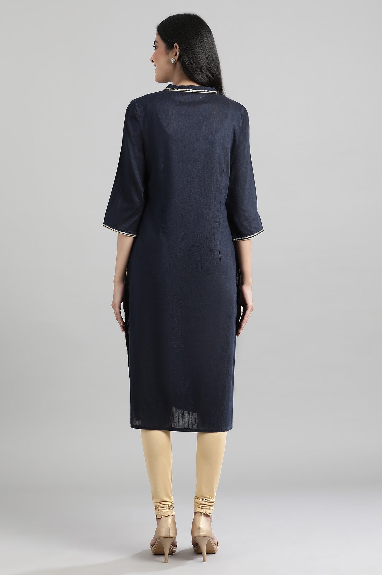 Navy Mandarin Neck Yarn-Dyed kurta