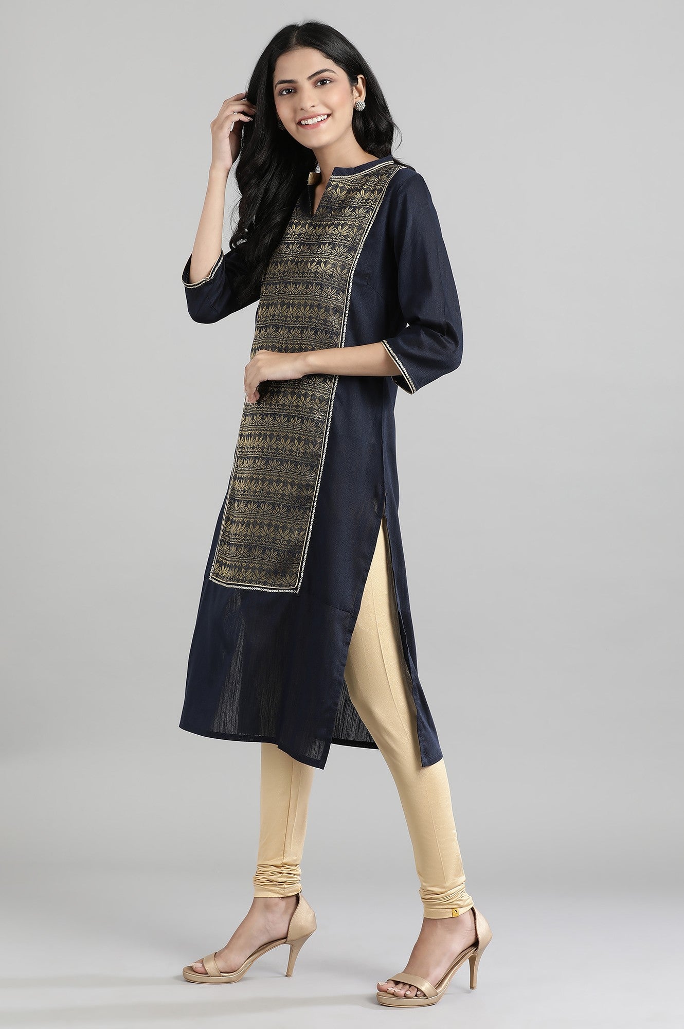 Navy Mandarin Neck Yarn-Dyed kurta