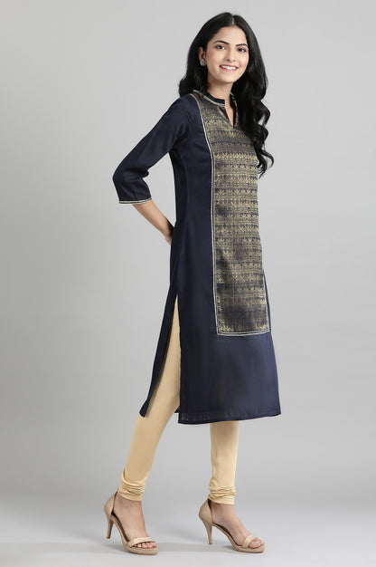 Navy Mandarin Neck Yarn-Dyed kurta