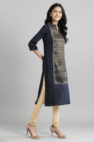 Navy Mandarin Neck Yarn-Dyed kurta
