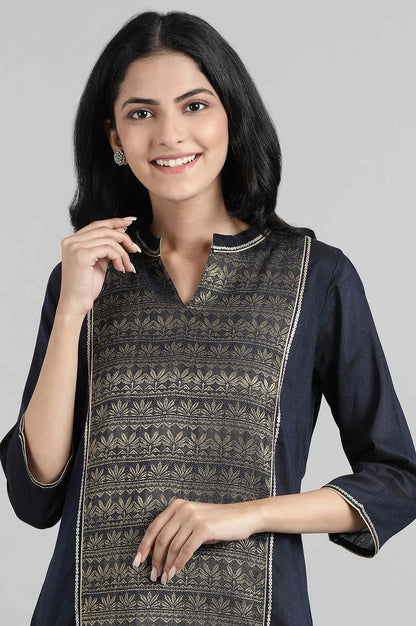 Navy Mandarin Neck Yarn-Dyed kurta