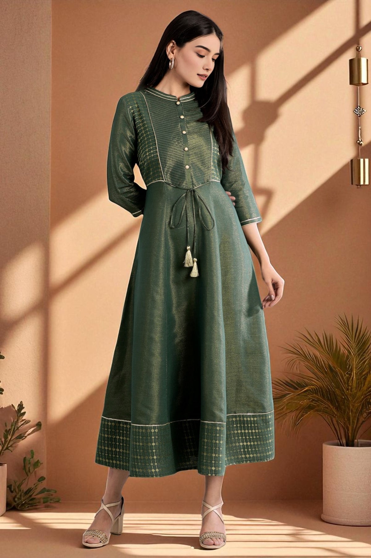 Green Mandarin Neck Yarn-Dyed Dress - XS