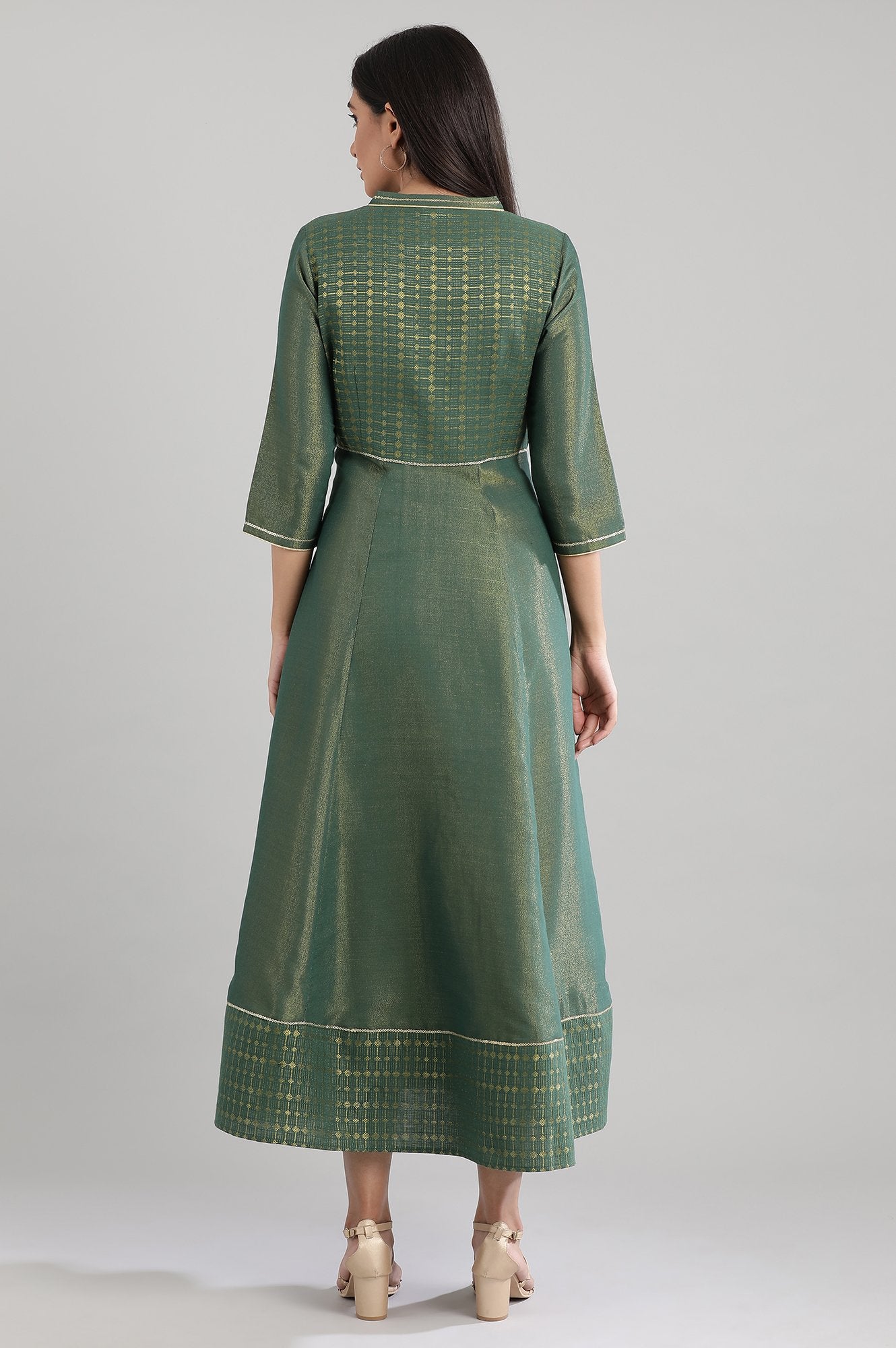 Green Mandarin Neck Yarn-Dyed Dress