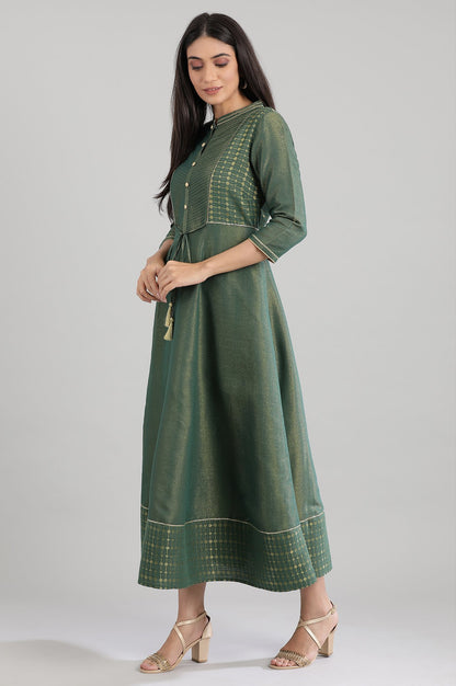 Green Mandarin Neck Yarn-Dyed Dress