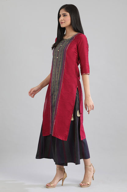 Pink Round Neck Yarn-Dyed kurta