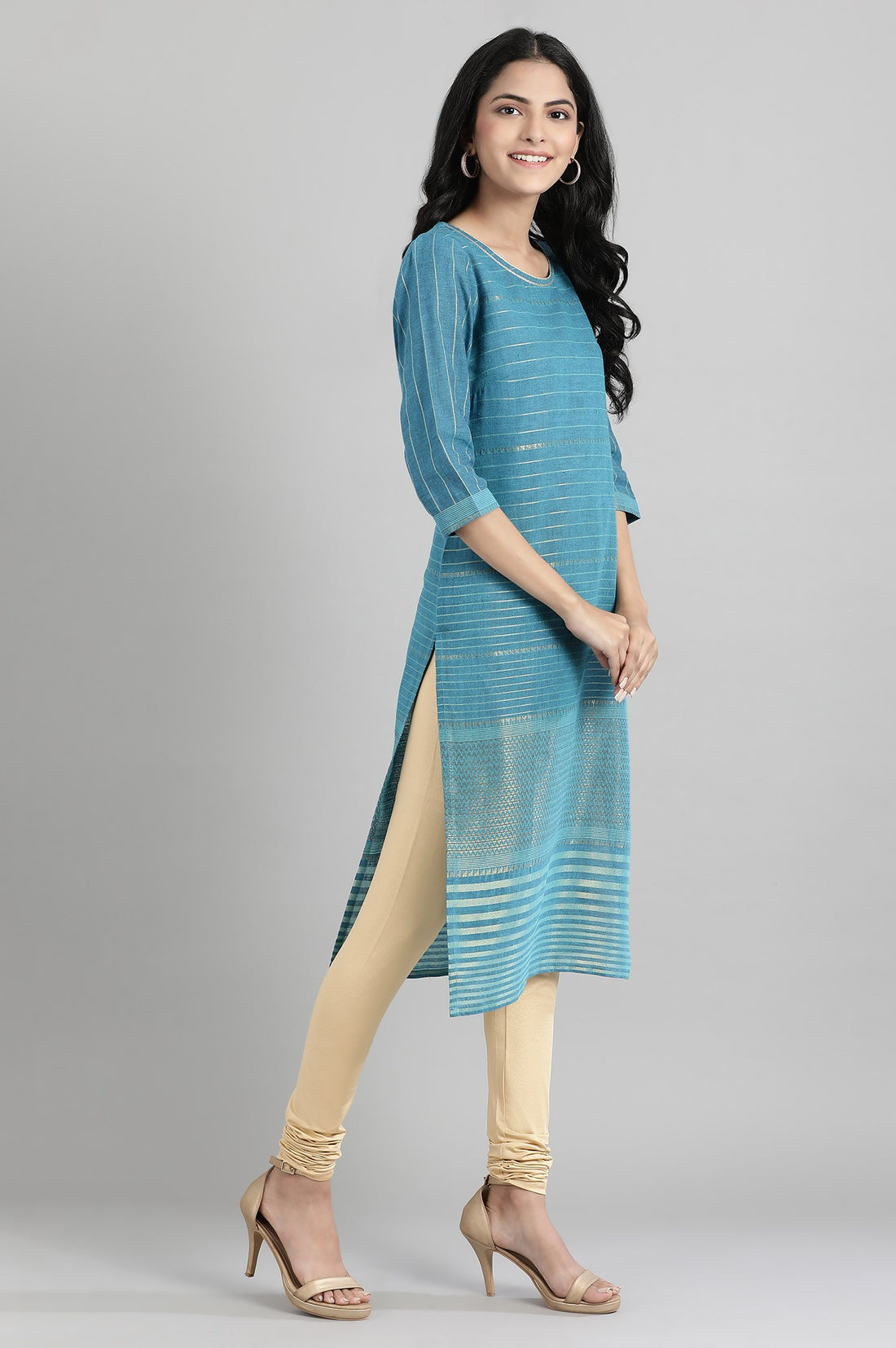 Blue Round Neck Printed kurta