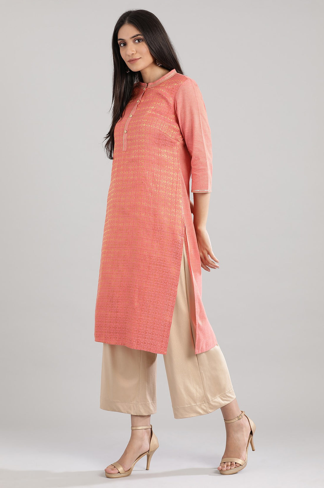 Peach Collar Neck Yarn-Dyed kurta