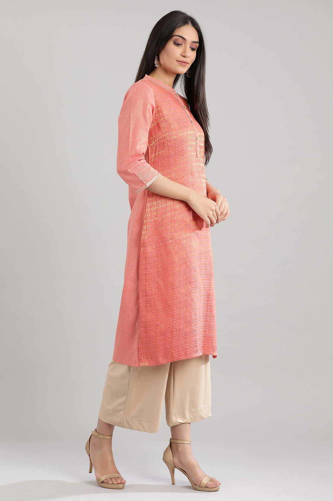 Peach Collar Neck Yarn-Dyed kurta
