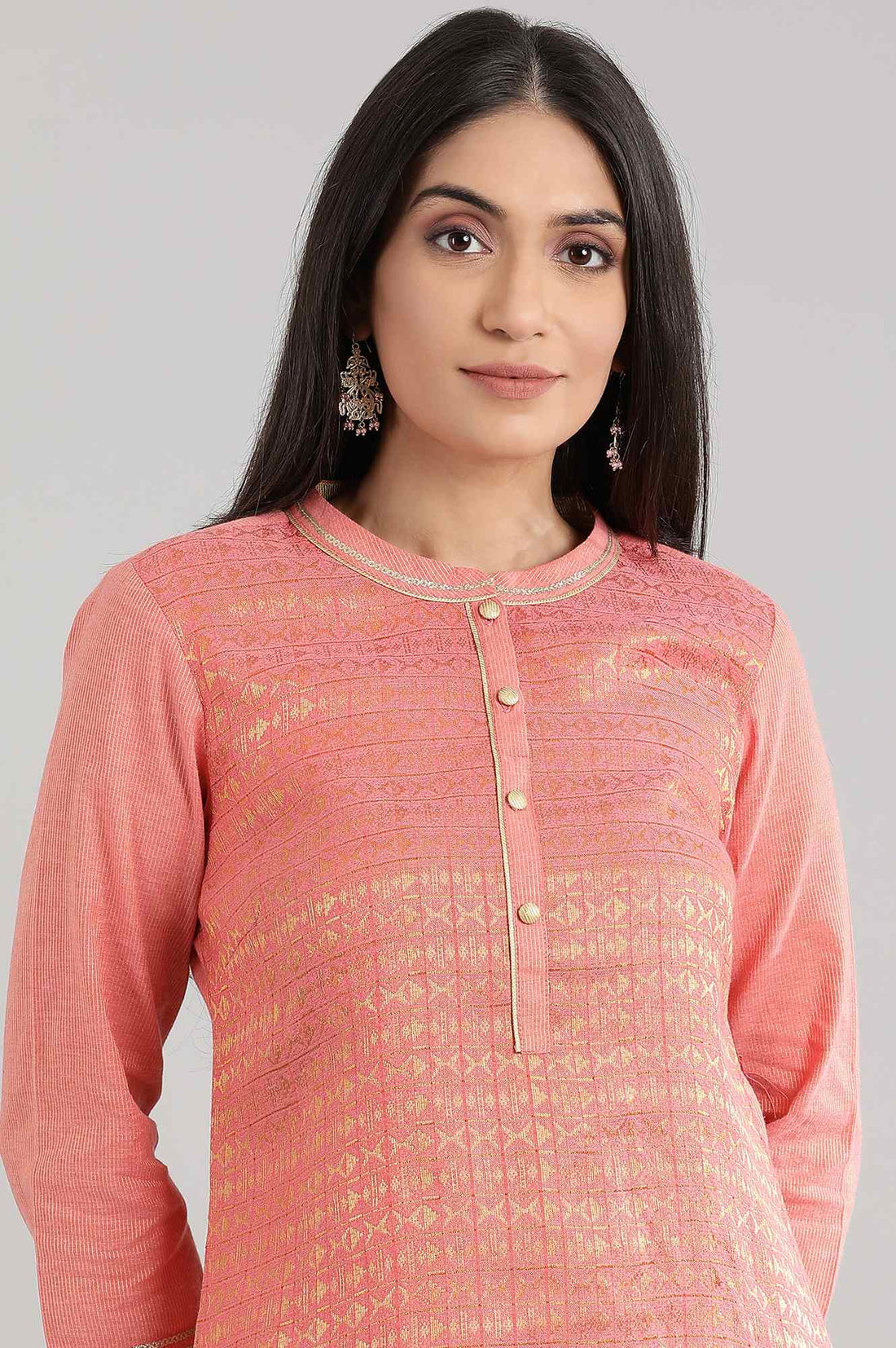 Peach Collar Neck Yarn-Dyed kurta