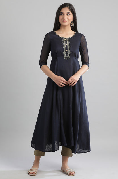 Blue Yarn-dyed Round Neck kurta