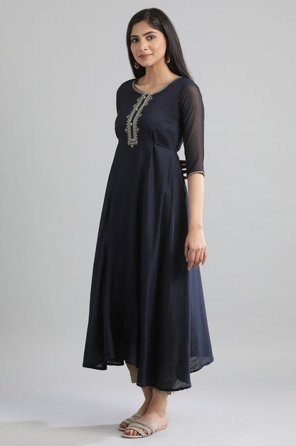 Blue Yarn-dyed Round Neck kurta